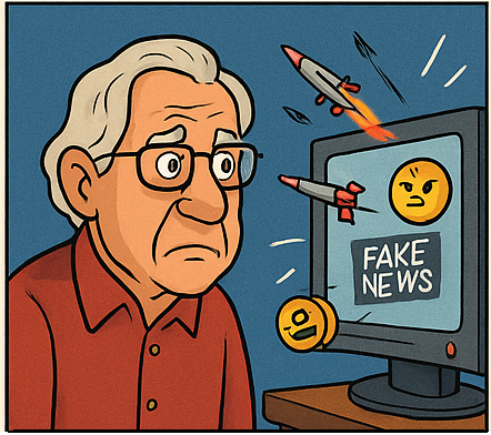Chomsky em frente a uma TV que cospe mísseis, emojis e fake news