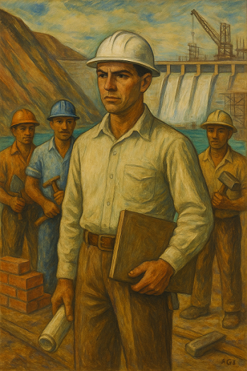 Ilustração ao estilo de Portinari: peões de obra